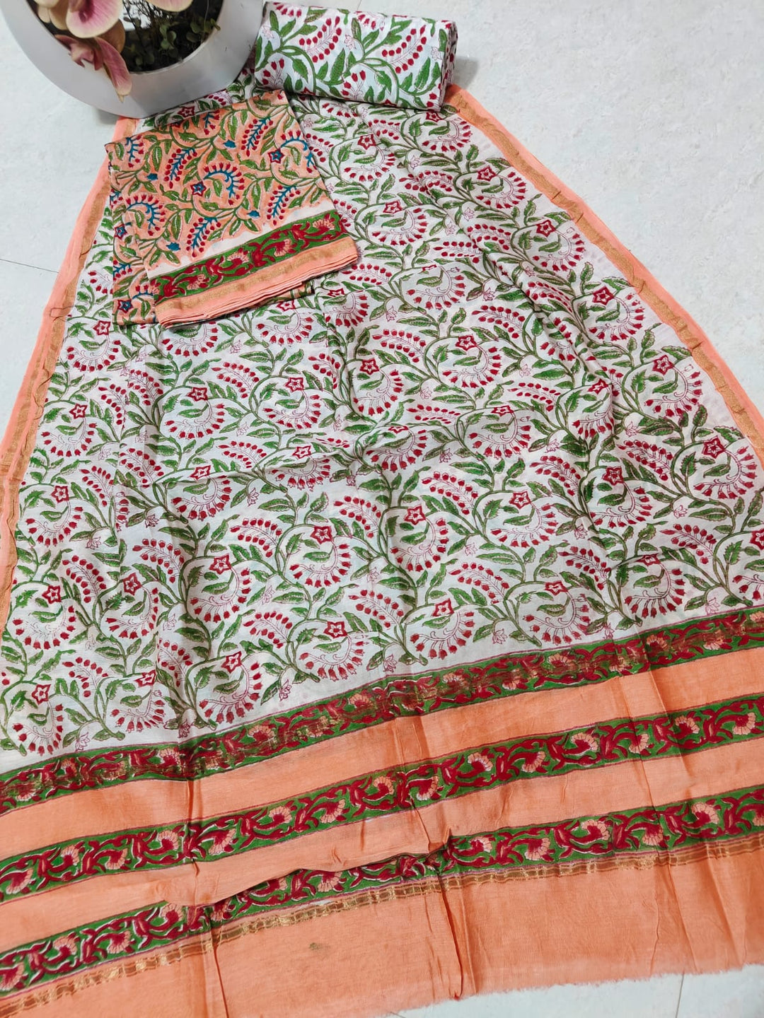 Pure Hand Block Chanderi Silk Unstitched Suit .