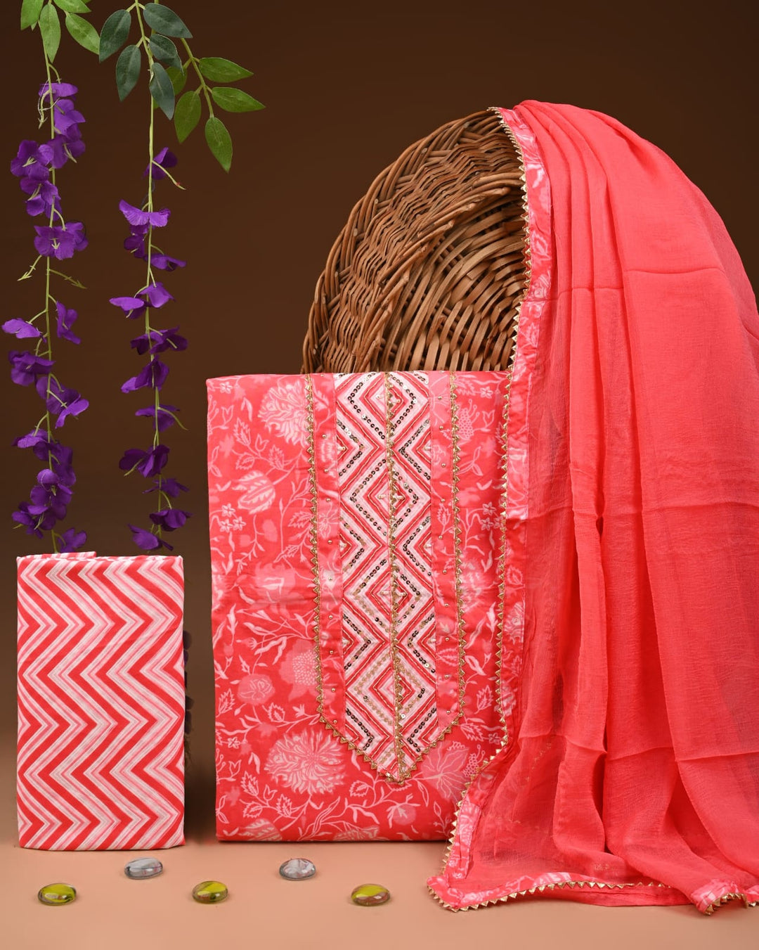Pure Cotton Gotta patti Work unstitched Suit With Chiffon Dupatta.
