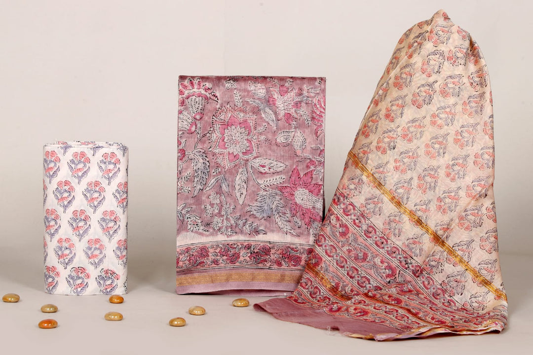 Pure Hand Block Chanderi Silk Unstitched Suit