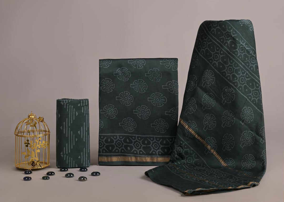 Pure Hand Block Chanderi Silk Unstitched Suit.