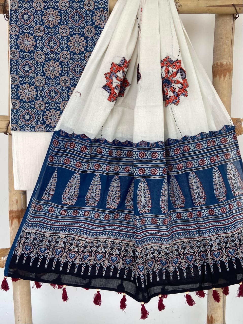 Pure Cotton Azrakh Print Unstitched suit with Patch Work Dupatta