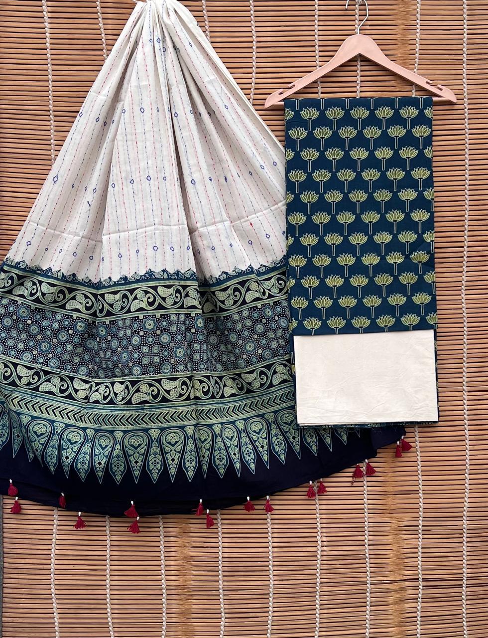Pure Cotton Azrakh Print Unstitched suit Whit Kantha Work Dupatta.