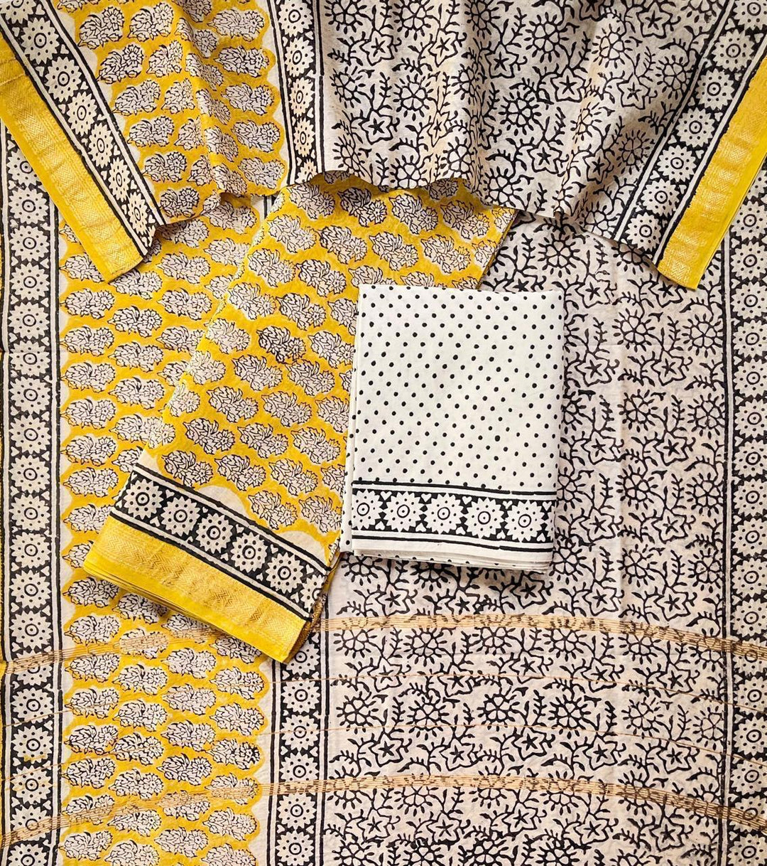 Pure Maheshwari Silk Hand block print Unstitched Suit.