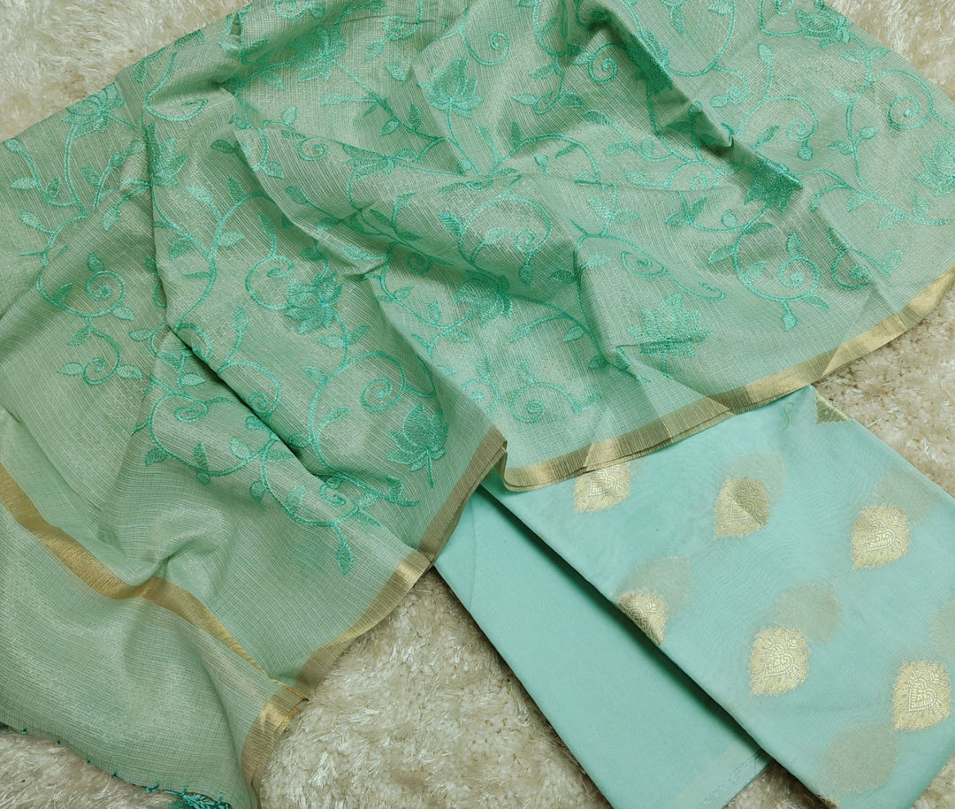 Pure Banarasi Chanderi Silk Zari Work Unstitched Suit With  Silk Chikaznkari Work Dupatta.