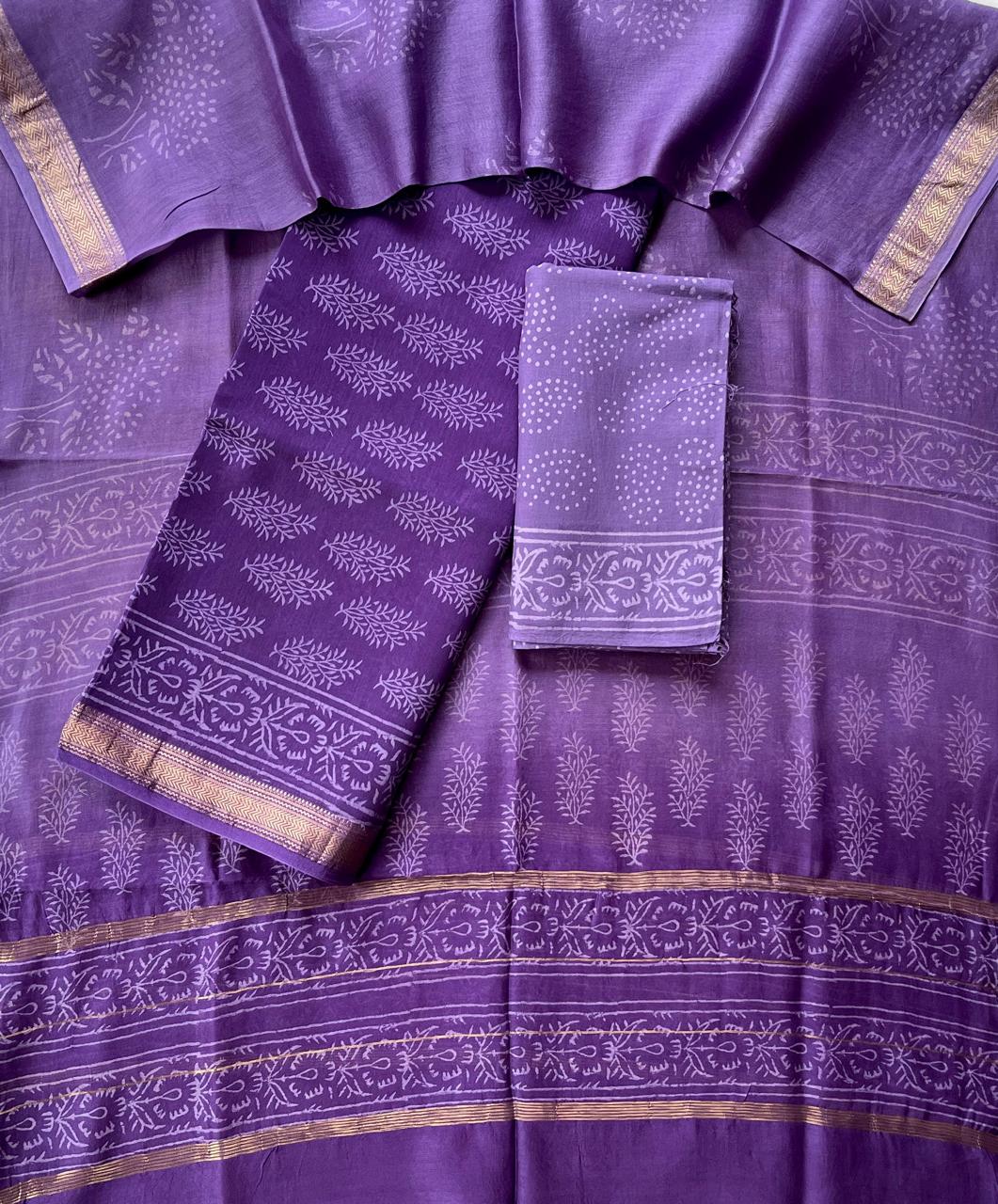 Pure Maheshwari Silk Hand block print Unstitched Suit.