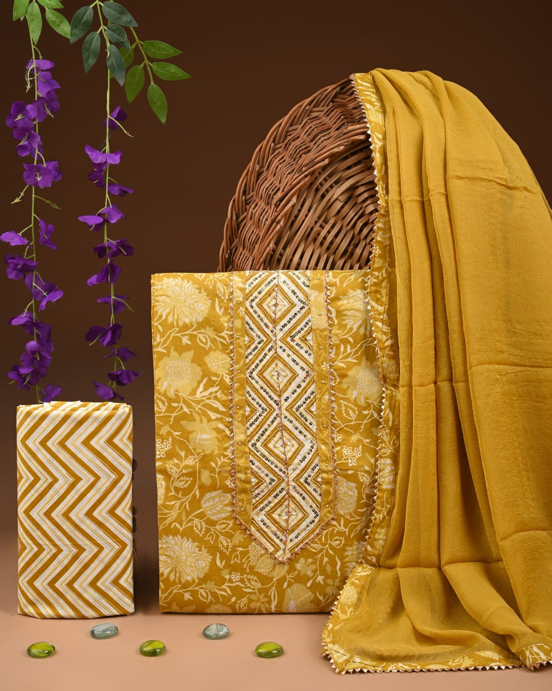 Pure Cotton Gotta patti Work unstitched Suit With Chiffon Dupatta.