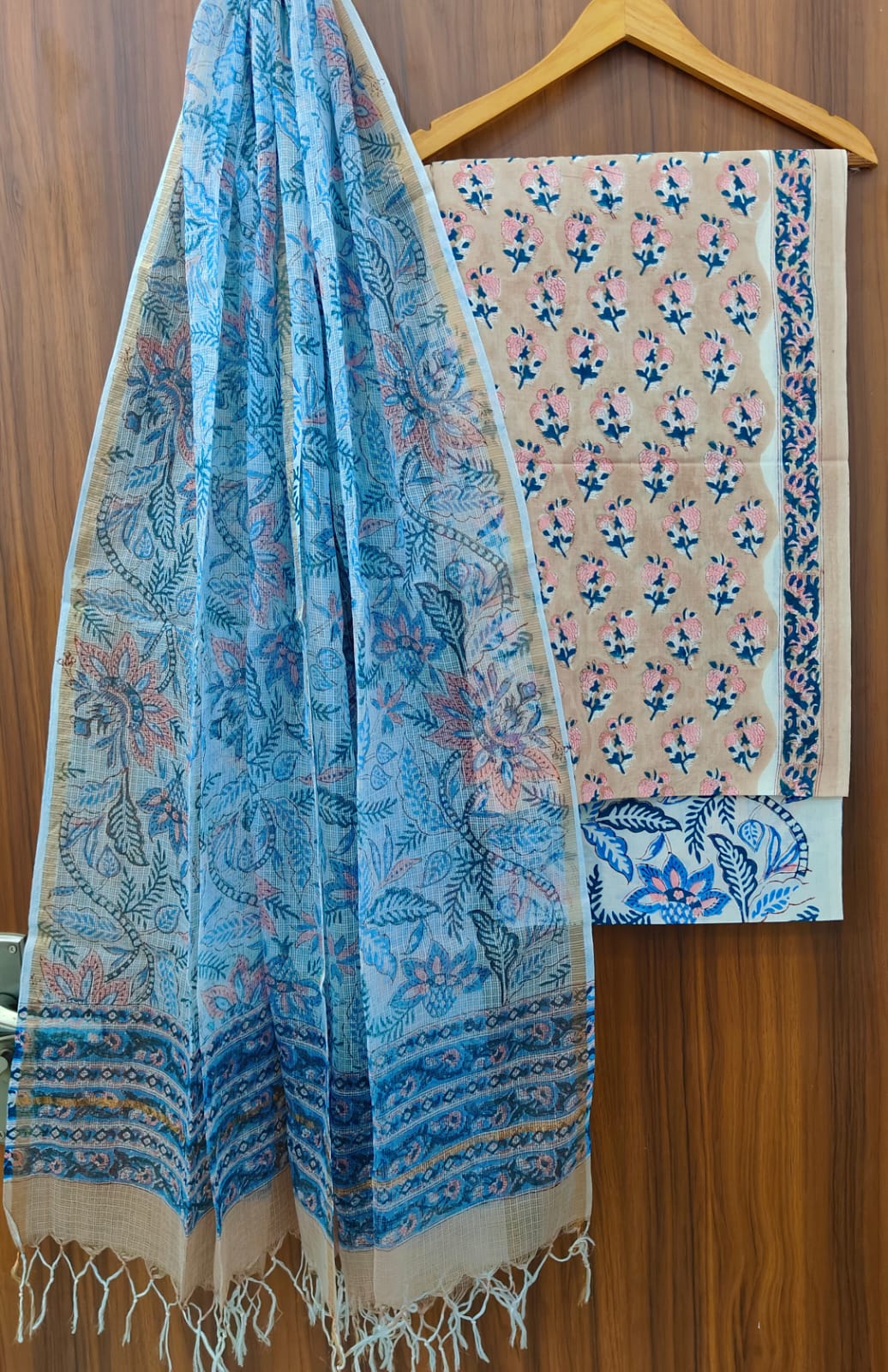 Pure Cotton Hand block print Unstitched Suit with Kota Dupatta.