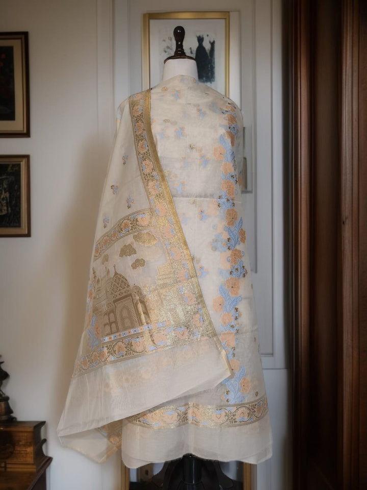Pure Banarasi Chanderi Tilfi Work Unstitched Suit.