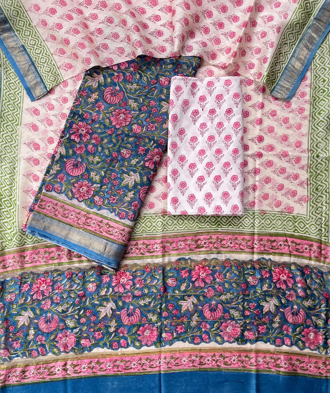 Pure Maheshwari Silk Hand block print Unstitched Suit.