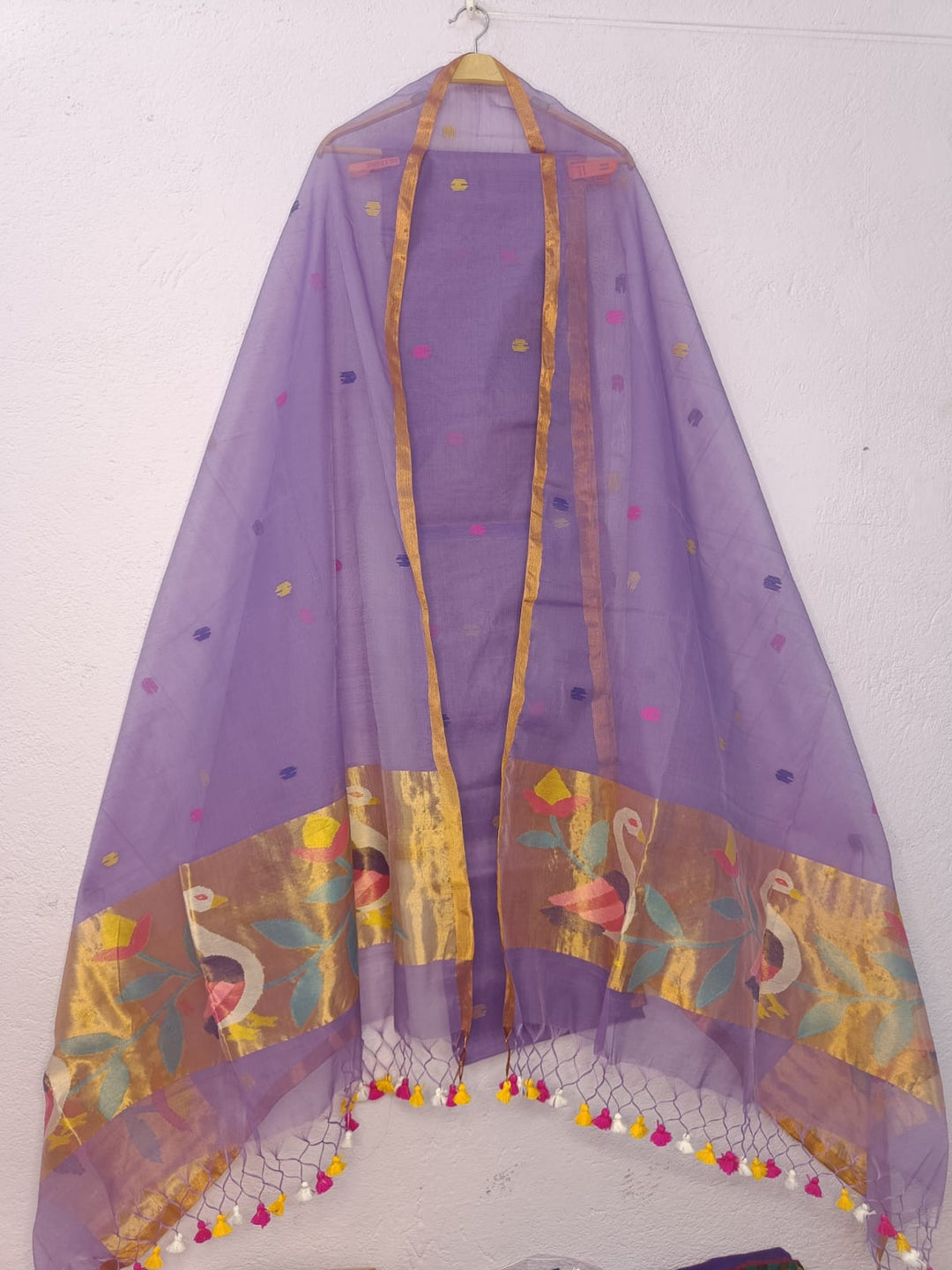 Pure Maslin Jamdani Weaved unstitched suit With Paithani Work .