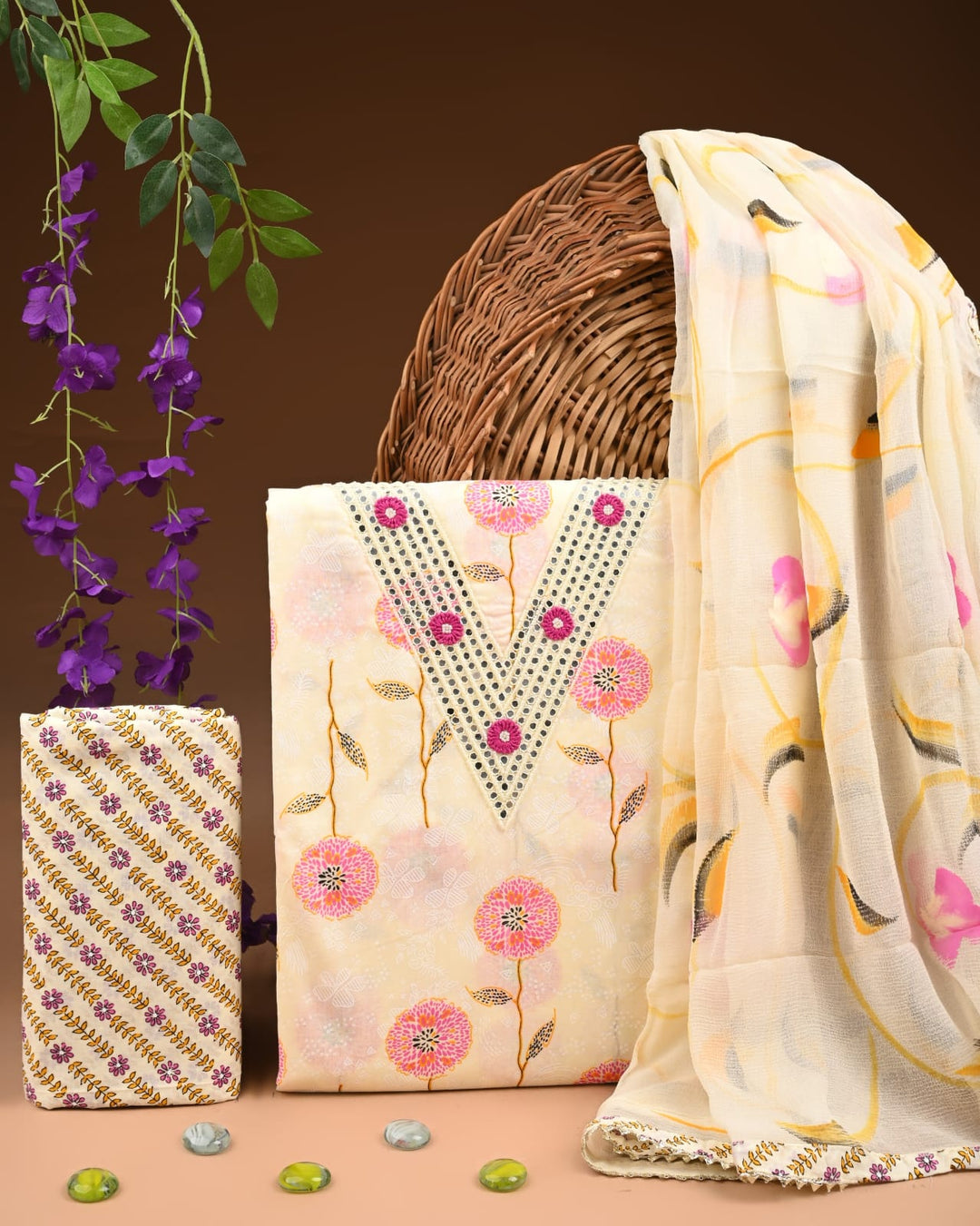 Pure Cotton Gotta patti Work unstitched Suit With Chiffon Dupatta.