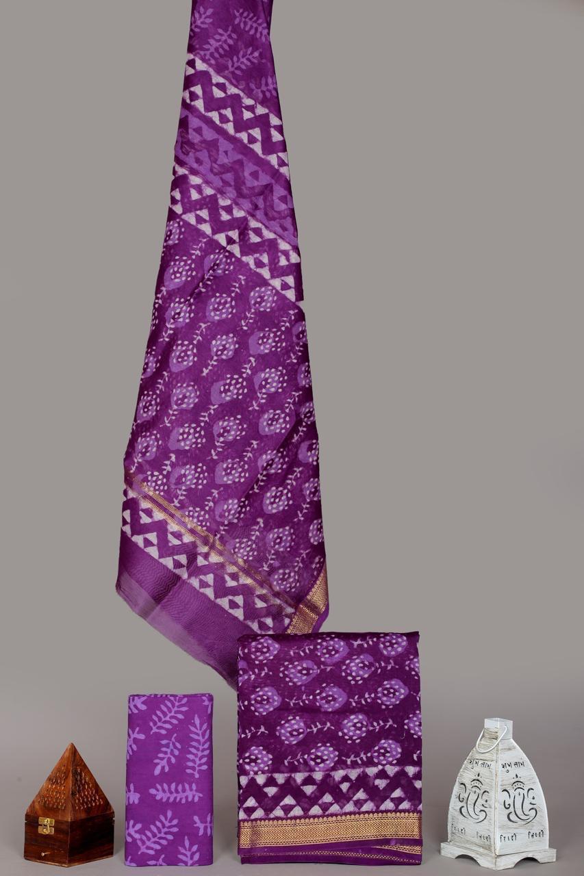 Pure Maheshwari Silk Hand block print Unstitched Suit.