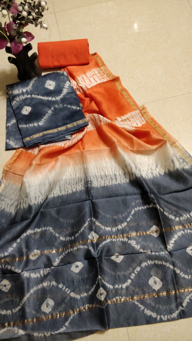 Pure Hand Block Chanderi Silk Unstitched Suit .