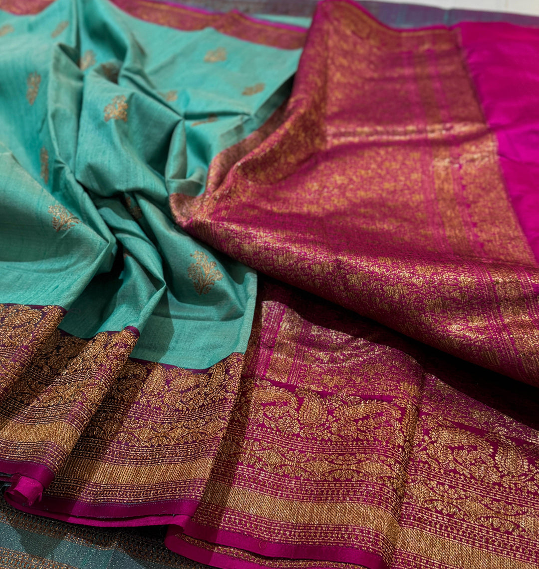 HandloomPure Banarasi Tussar Silk Saree With Kadhuwa Border Work.