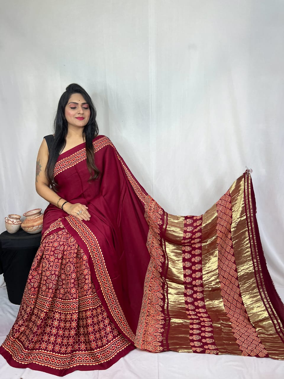 Pure Natural Dyeing Hand Block Print Modal silk saree.