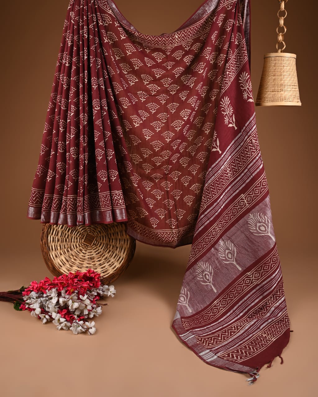 Hand Block Print Linen Saree with Blouse .