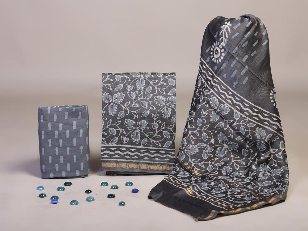 Pure Hand Block Chanderi Silk Unstitched Suit.