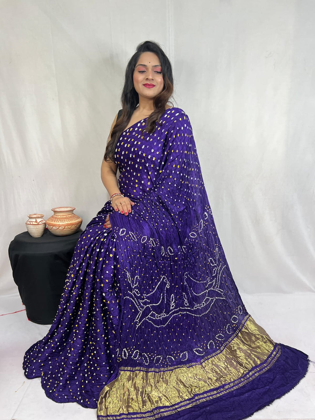 Pure Natural Dyeing Hand Block Bandhej Print Modal silk saree.