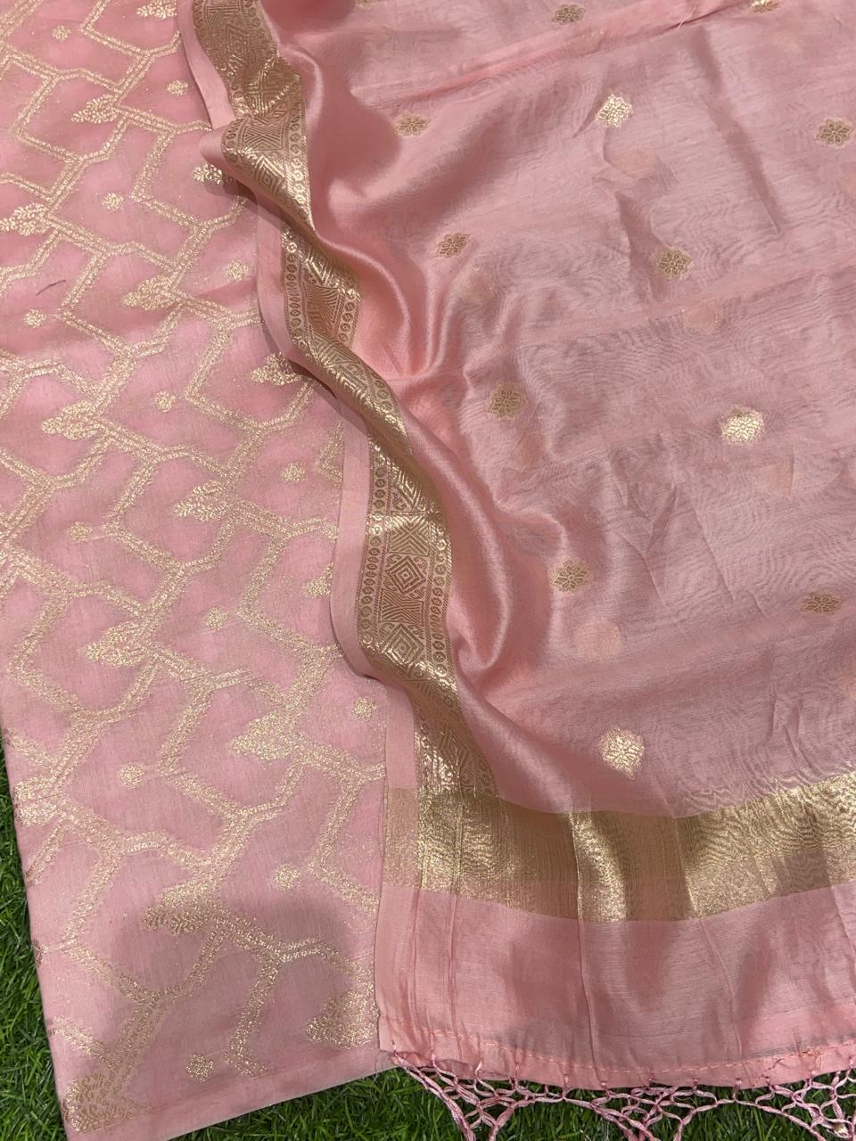 Pure Banarasi Resham Chanderi Silk Zari work Unstitched Suit .