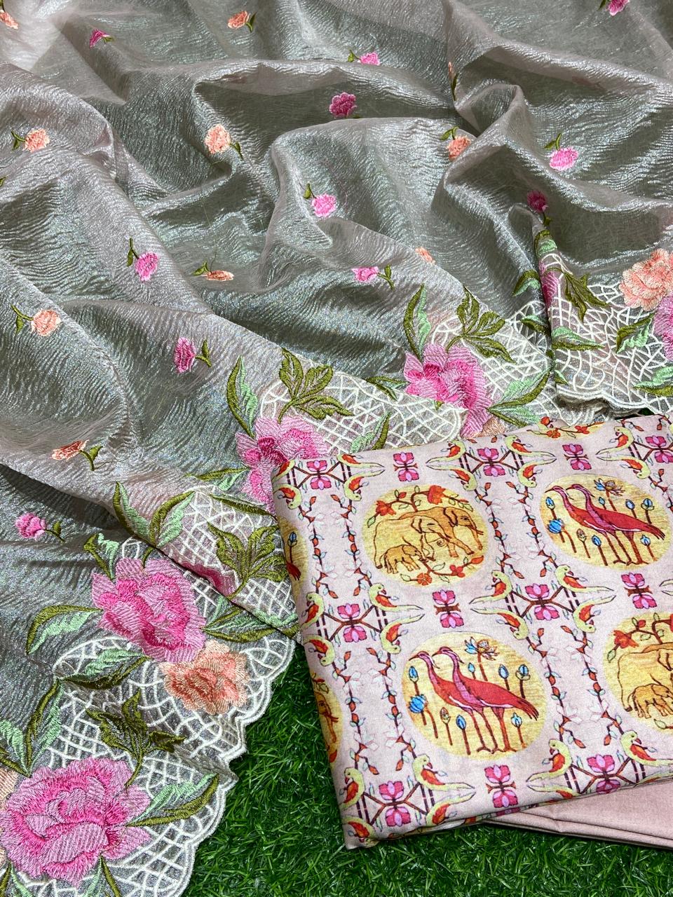 Pure Banarasi Resham Chanderi Silk Digital Print Unstitched Suit With Pure Tisshu Resham Work Dupatta.