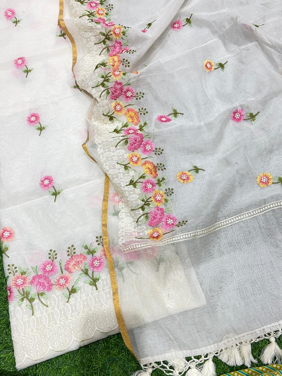 Pure Banarasi Resham Mul Chanderi Silk Embroidery Work Unstitched Suit.