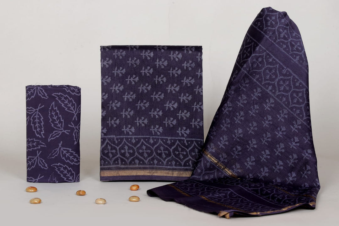 Pure Hand Block Chanderi Silk Unstitched Suit.