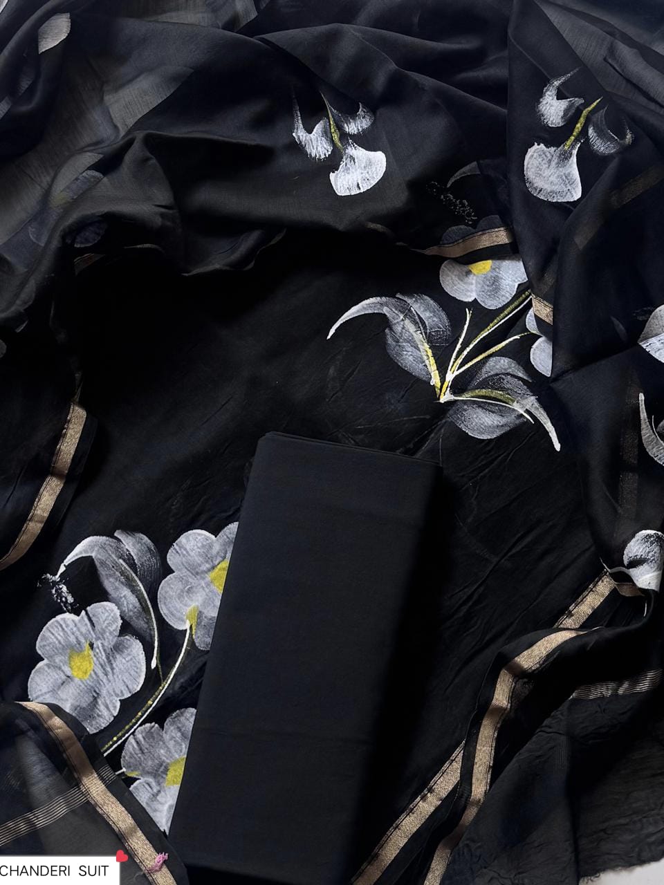 Pure Hand Block Chanderi Silk Unstitched Suit.