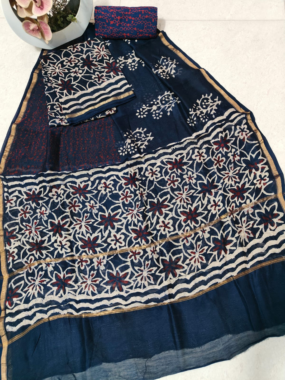 Pure Hand Block Chanderi Silk Unstitched Suit .