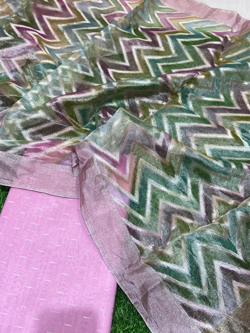 Pure Banarasi Resham Chanderi Silk Zari Unstitched Suit With Tisshu Rang Kart Dupatta.