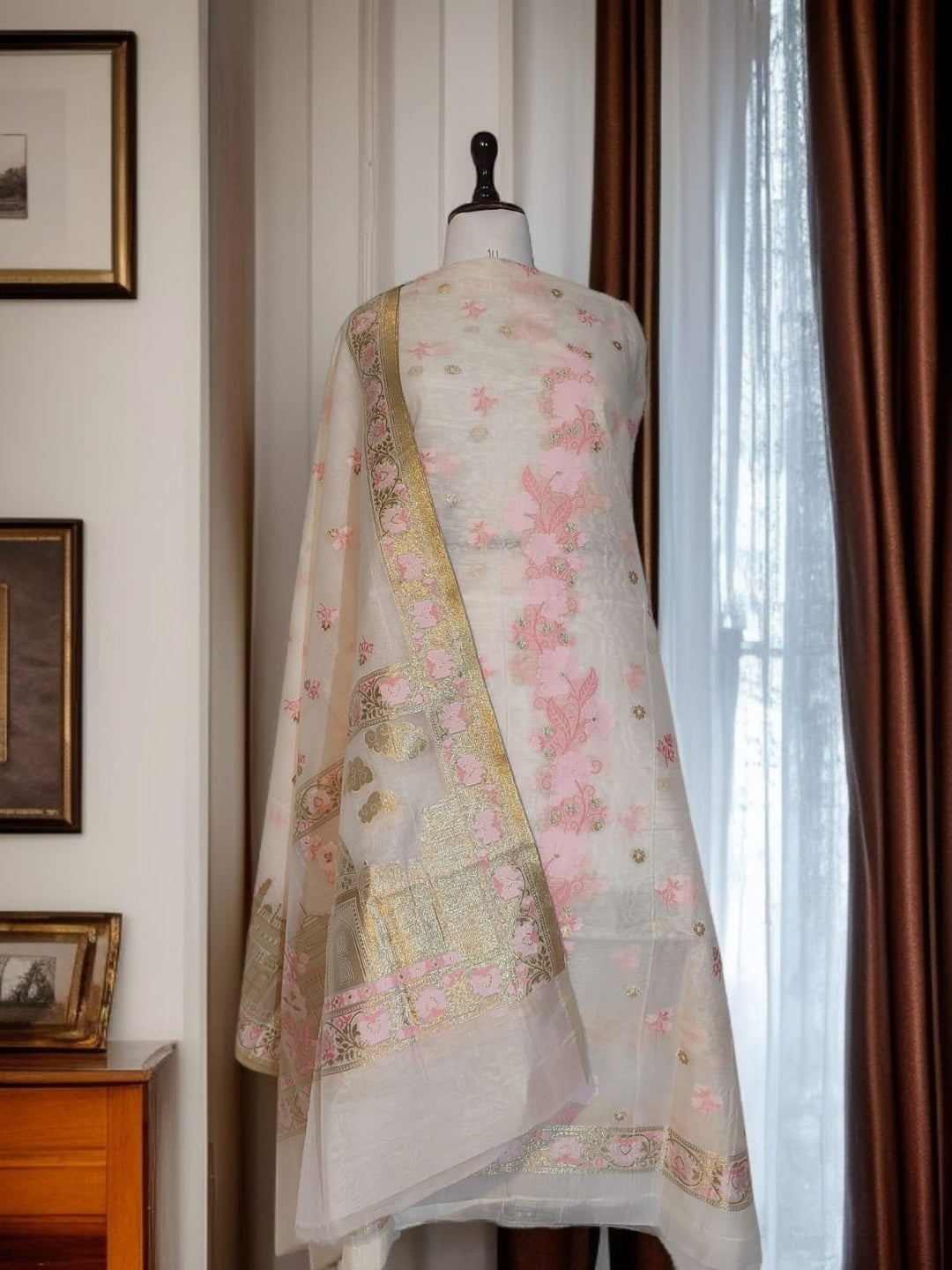 Pure Banarasi Chanderi Tilfi Work Unstitched Suit.