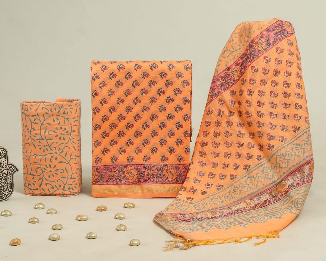 Pure Hand Block Chanderi Silk Unstitched Suit.