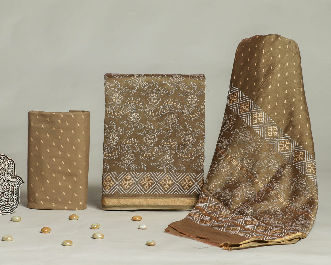 Pure Hand Block Chanderi Silk Unstitched Suit.