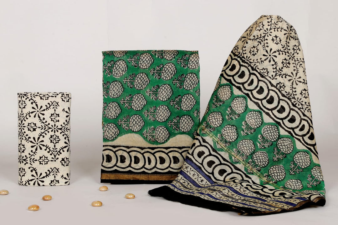 Pure Hand Block Chanderi Silk Unstitched Suit