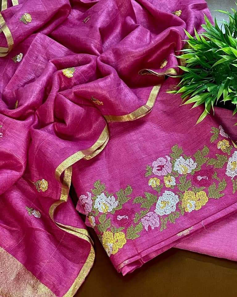 Bhagalpuri slub Linen Embroidery Unstitched suit.
