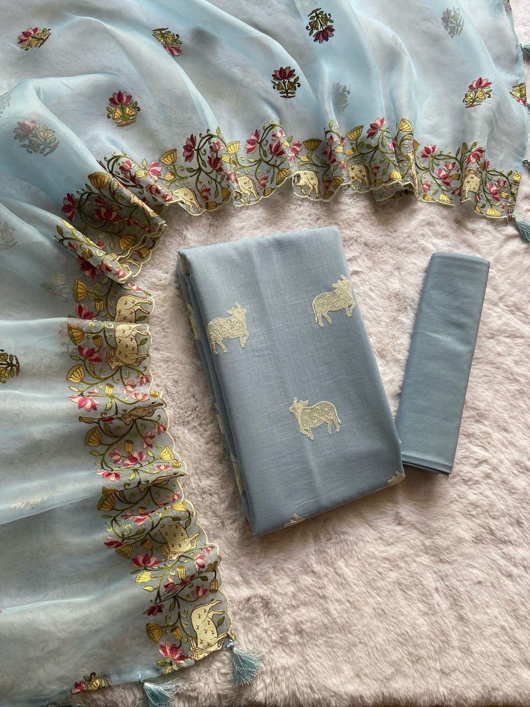 Pure Banarasi Mul Chanderi Cow Embroidery Work Unstitched Suit With Organza Dupatta.