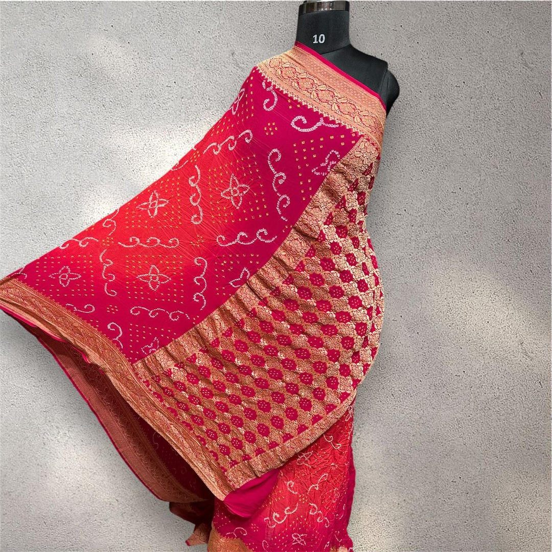 Pure Khaddi Georgette Handloom Neem Zari Work saree With Raiy Bandhej .