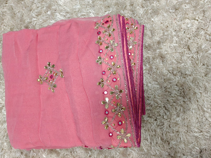 Pure chinon Jerkin work saree With Blouse.