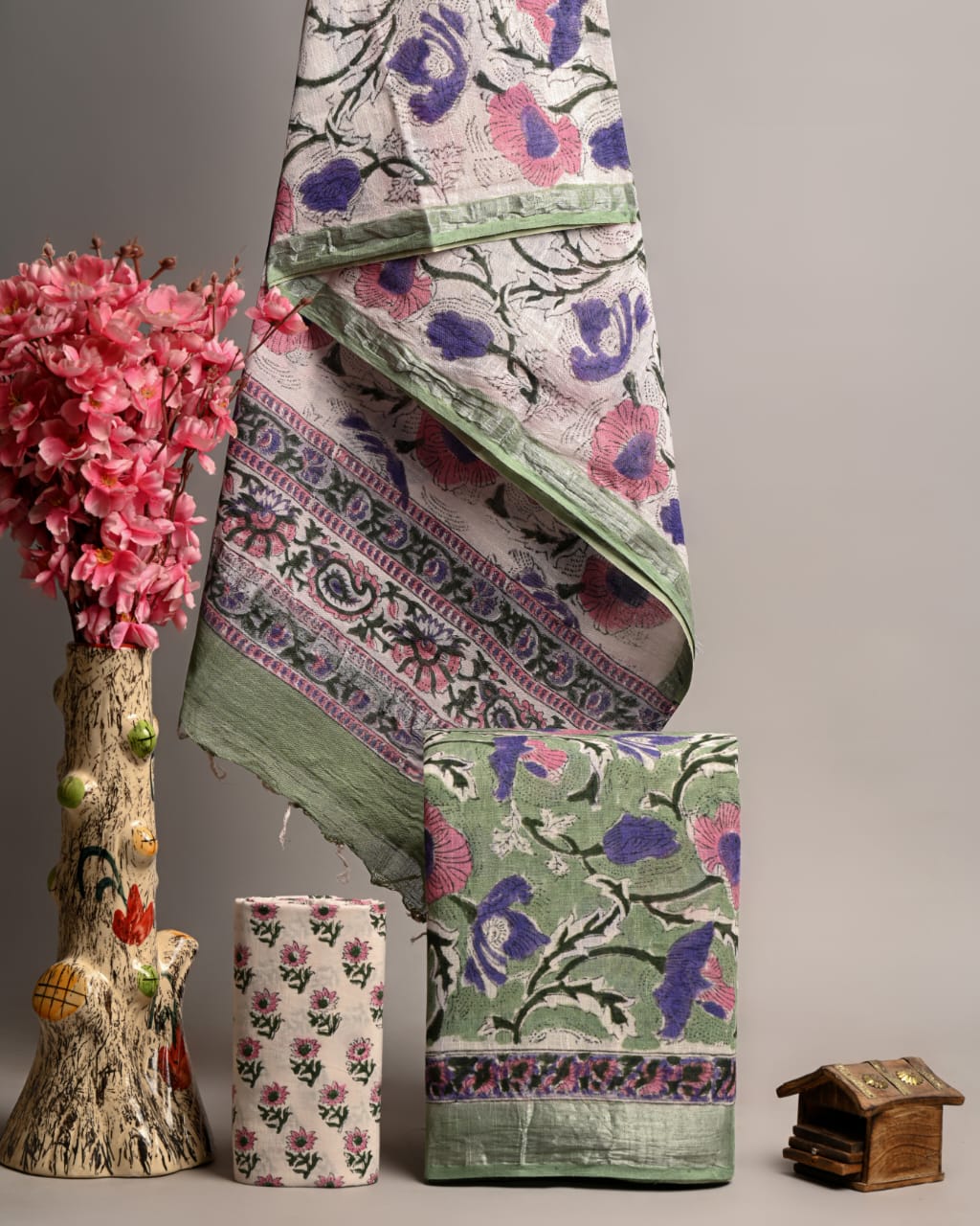 Hand Block Printed Linen Unstitched Suit .