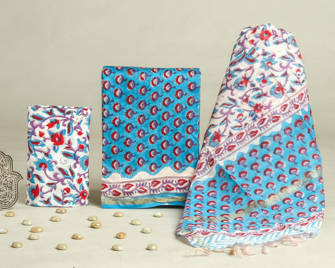 Pure Hand Block Chanderi Silk Unstitched Suit.