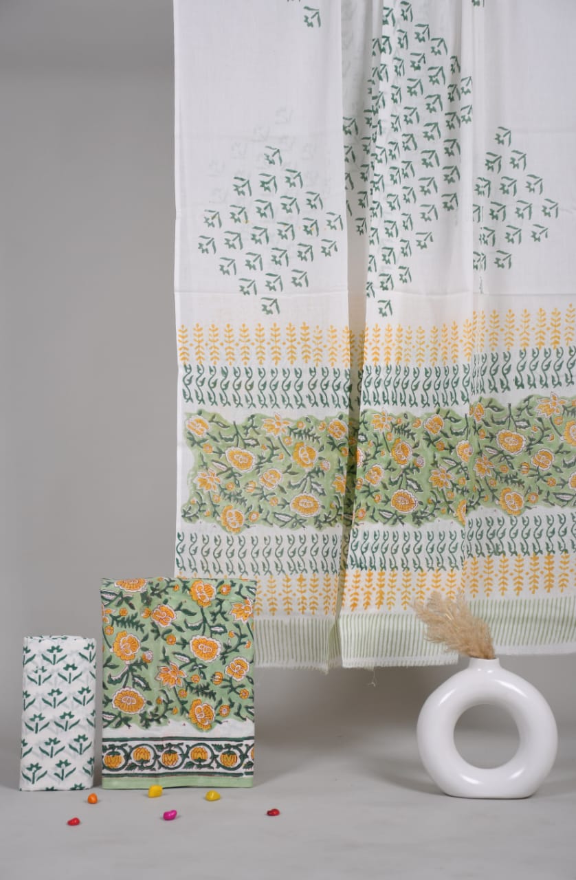 Pure Cotton Hand Block Printed Unstitched Suit Set With Cotton dupatta.