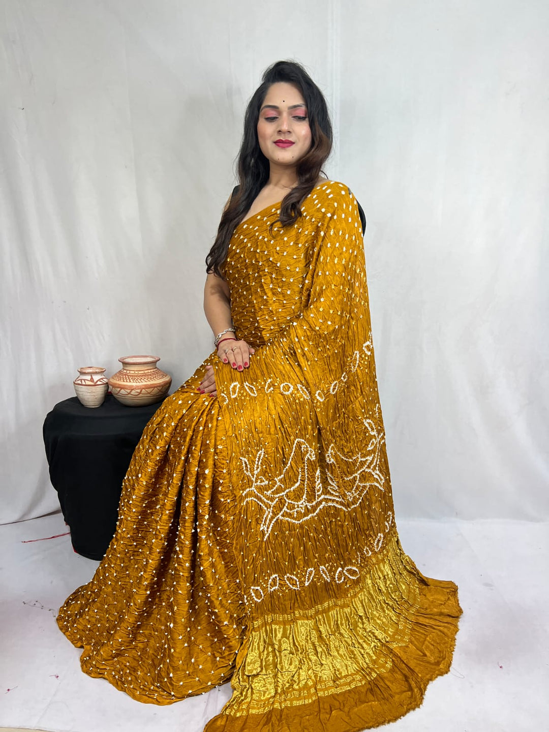 Pure Natural Dyeing Hand Block Bandhej Print Modal silk saree.
