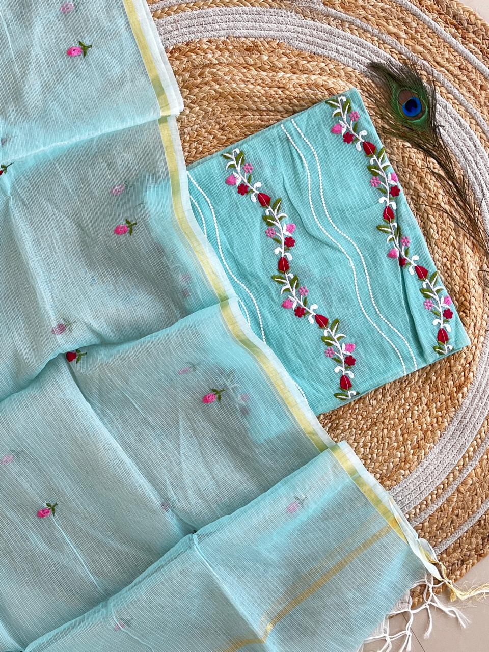 Pure Kota Doriya Embroidery Work Unstitched Suits With Kota Doriya Dupatta & Chikankari Bottom .