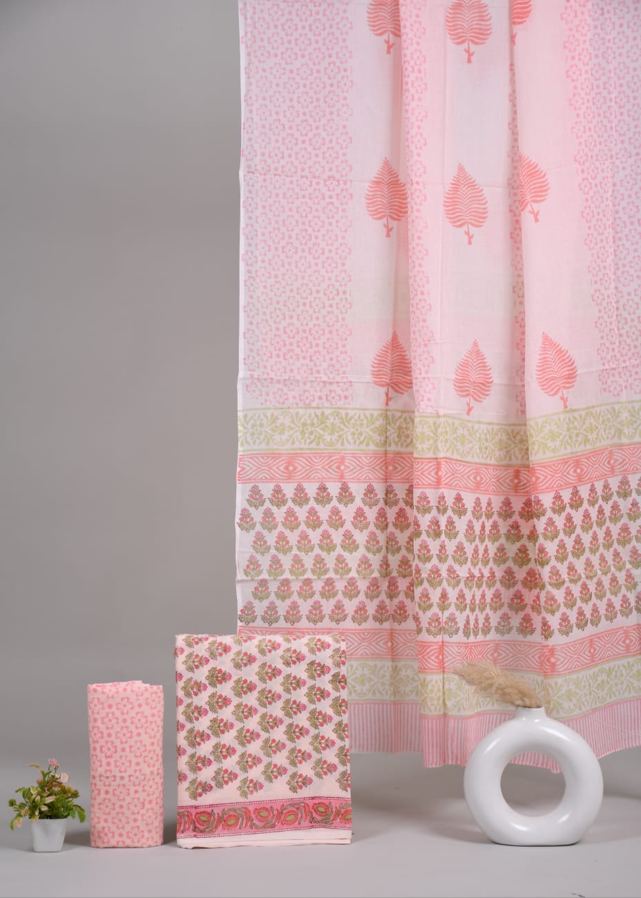 Pure Cotton Hand Block Printed Unstitched Suit Set With Cotton dupatta.