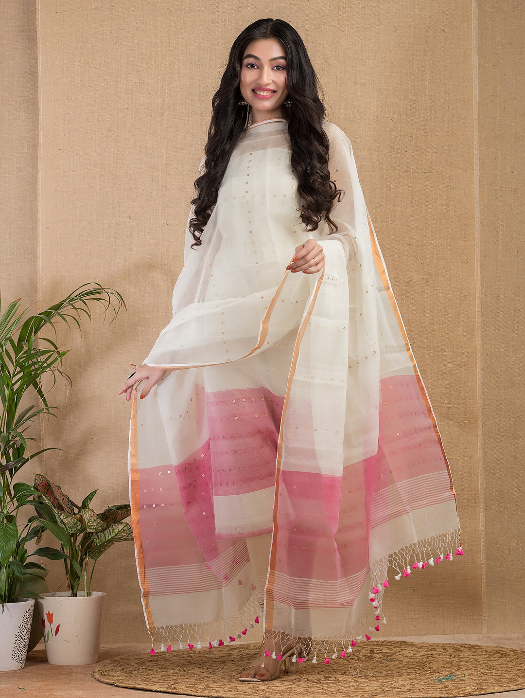 Pure Maslin silk 2PC Jamdani Sequence Handwork Unstitched Suit With Jaal net dupatta.