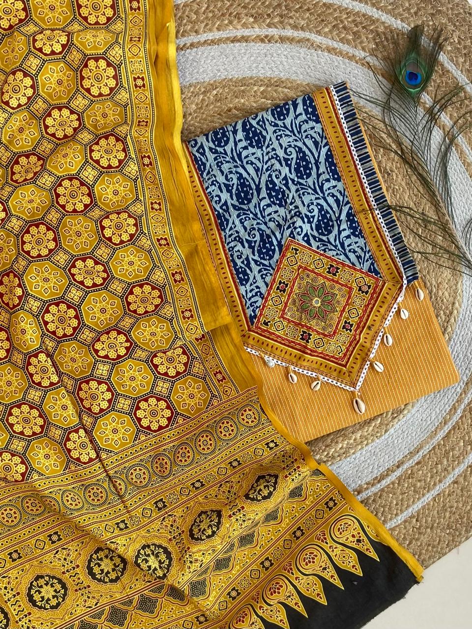 Pure Cotton Azrakh Print Yoke Handwork Unstitched suit .