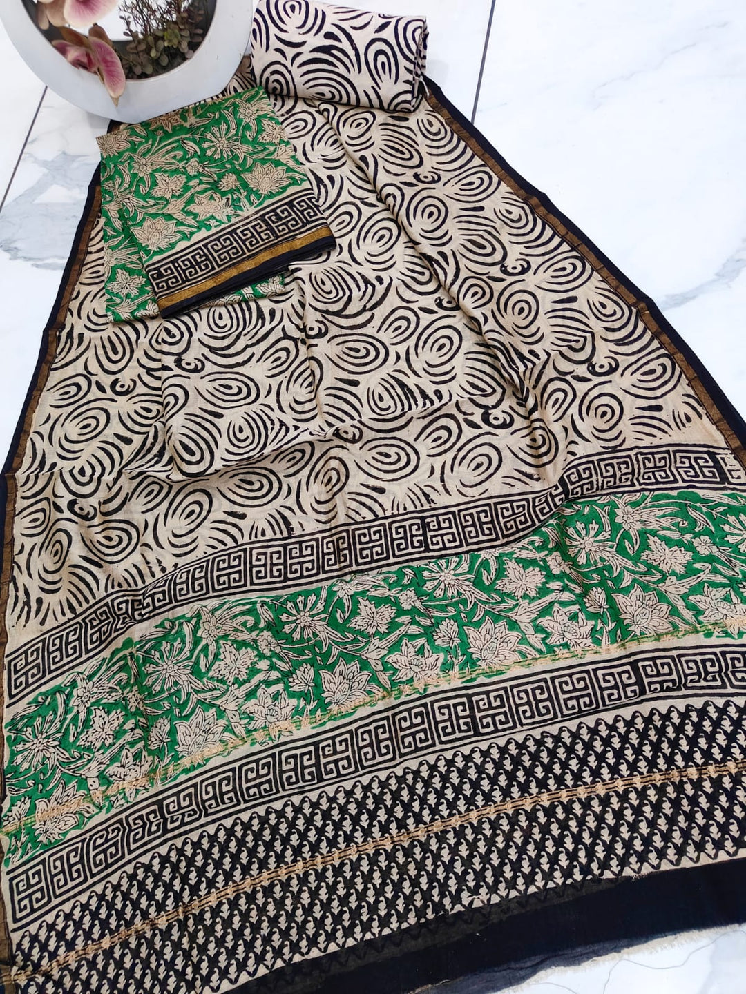 Pure Hand Block Chanderi Silk Unstitched Suit .