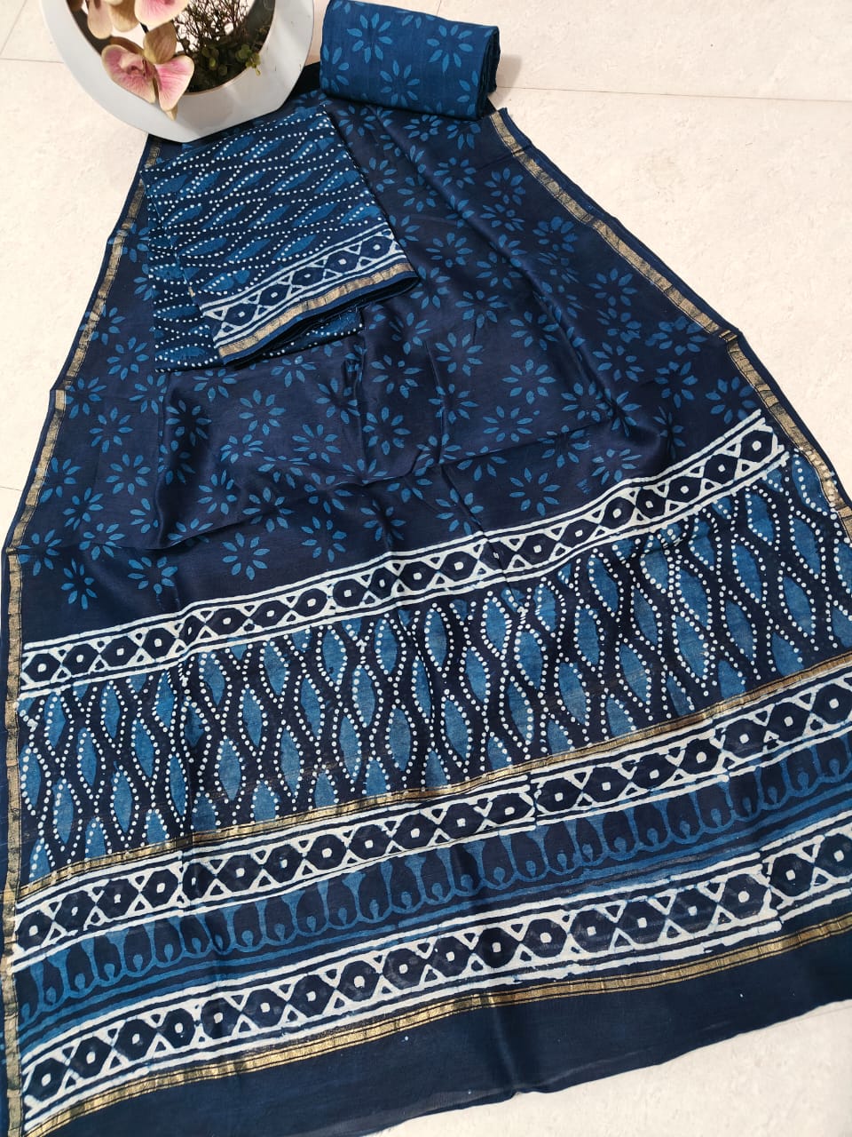 Pure Hand Block Chanderi Silk Unstitched Suit .