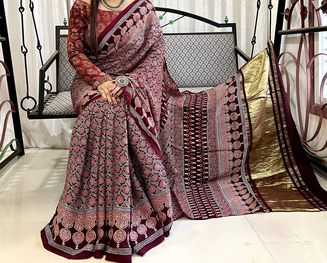 Pure Natural Dyeing Hand Block Print Modal silk saree.