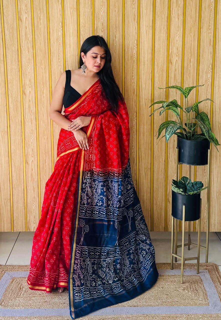 Hand Block Prninted Chanderi Saree .