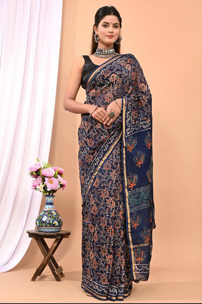 Hand Block Prninted Chanderi Saree .